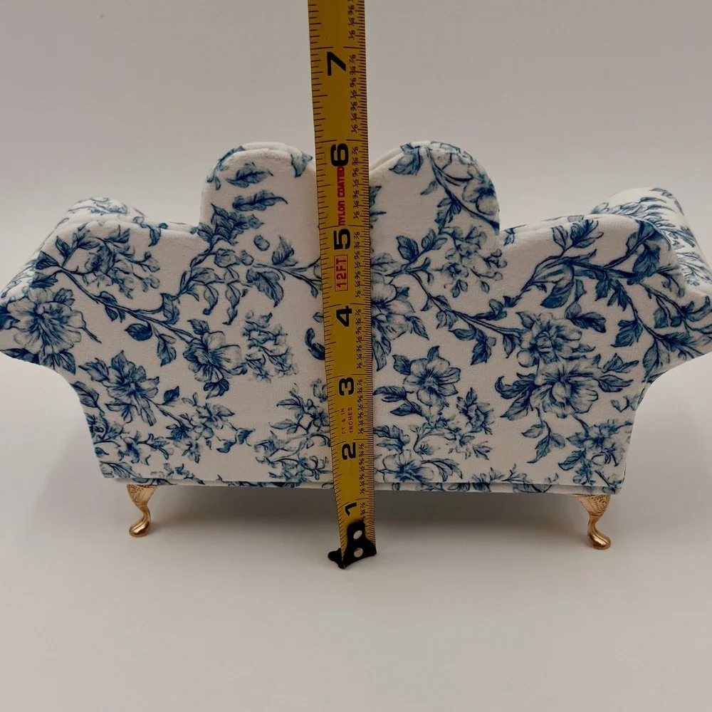Blue White Floral Toile Sofa Jewelry Box‎ Heart Back Miniature Couch Mothers Day